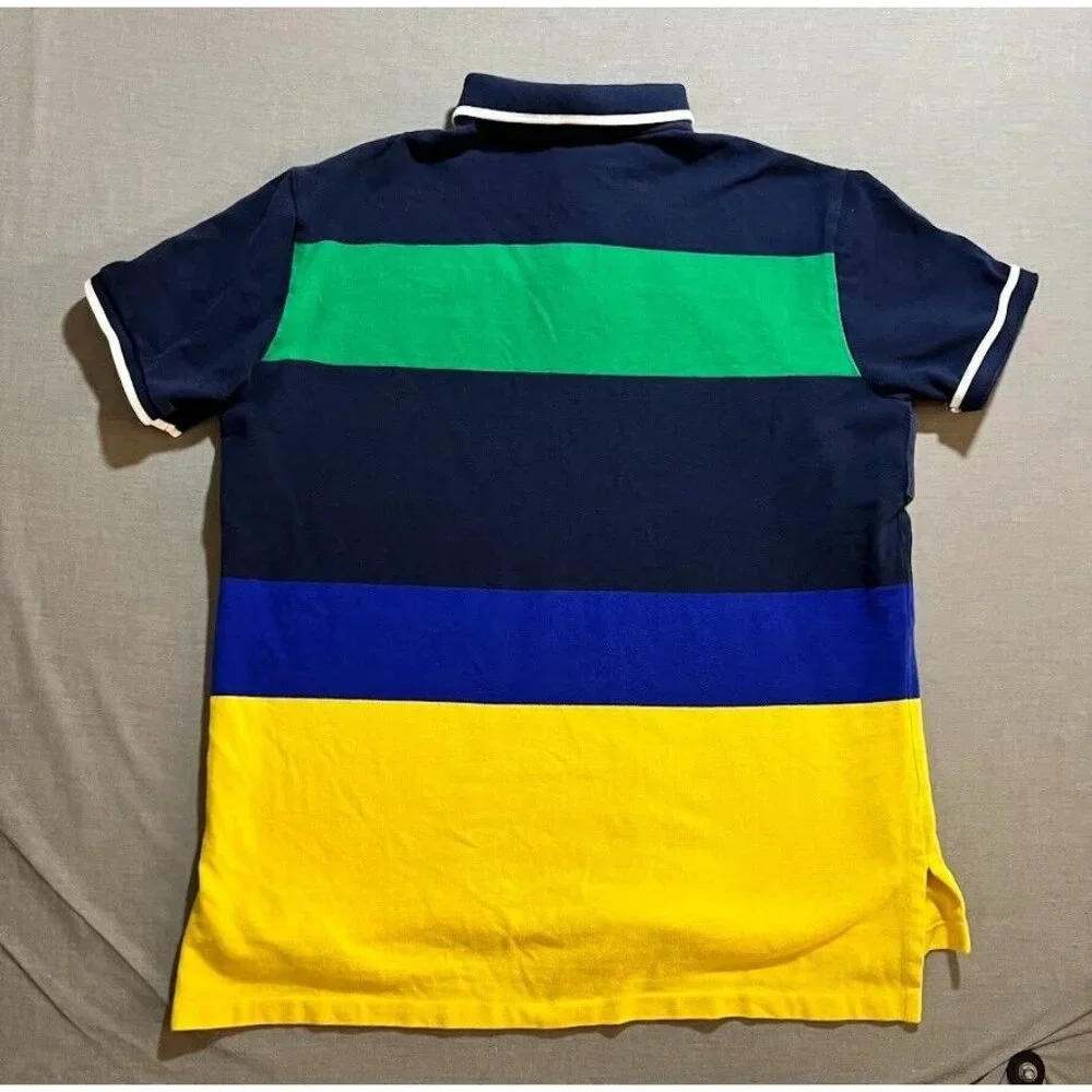 Ralph Lauren Polo Shirt Adult Extra Large Blue Yellow Striped Button Golfer Mens